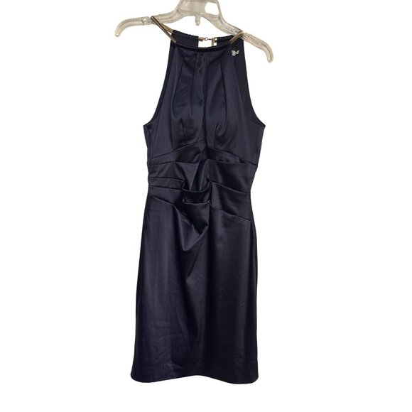 Eliza J Blue Satin Sleeveless Halter Dress With Gold Chain Detail & Back Zipper - Picture 1 of 7